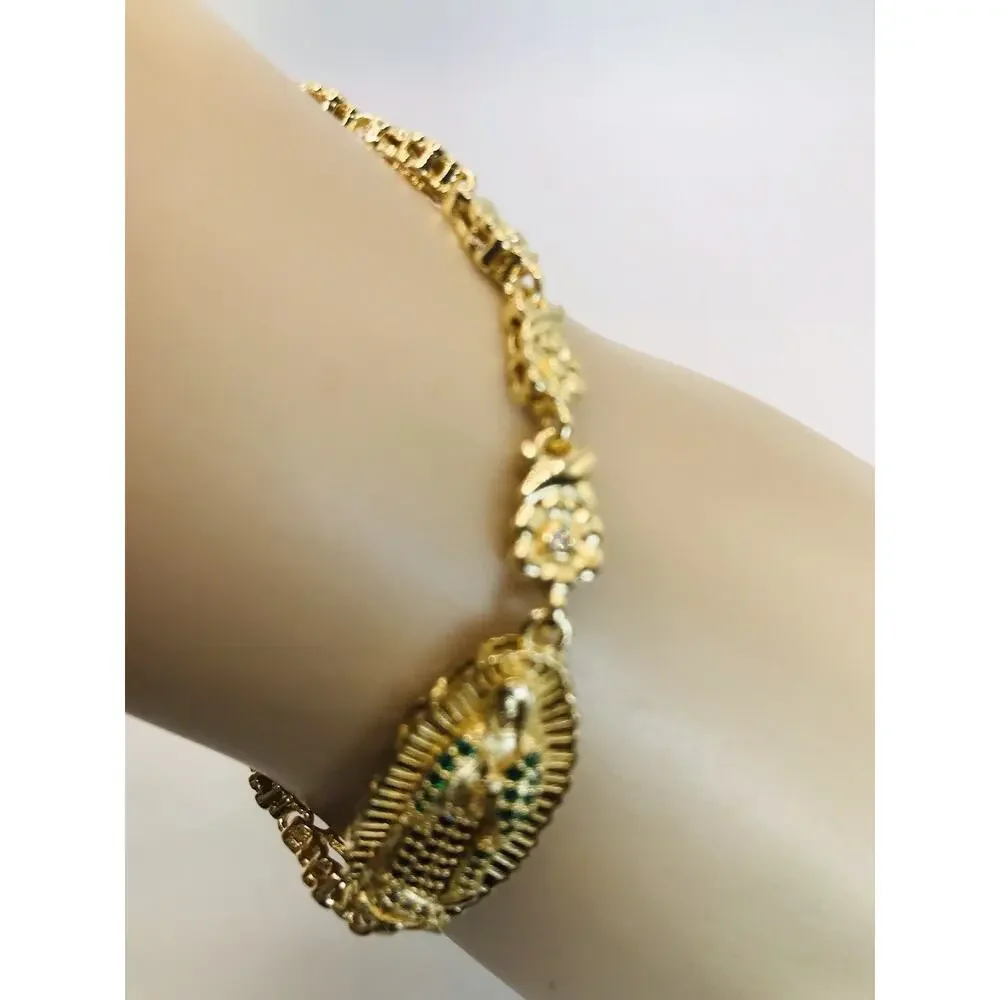 14K Gold Plated Floral Bracelet Oro Laminado Virgen De Guadalupe Pulsera 8”